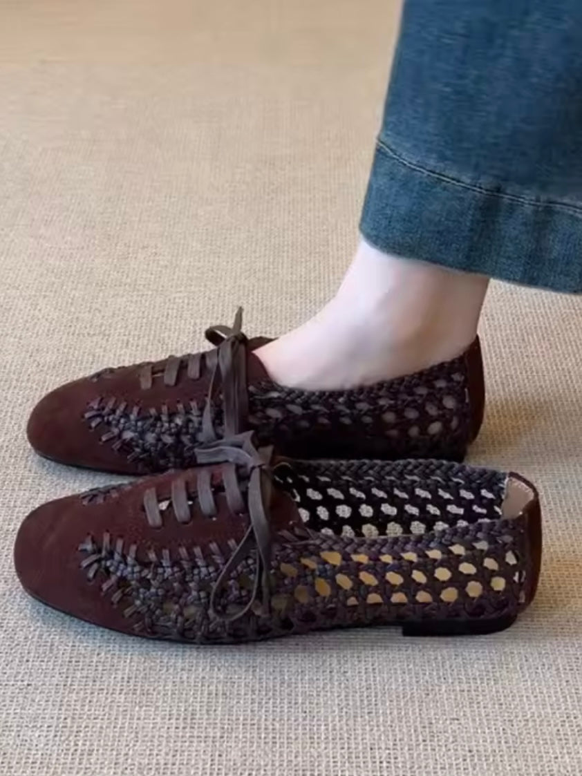 Ballet gray and brown net lace up flats shoes