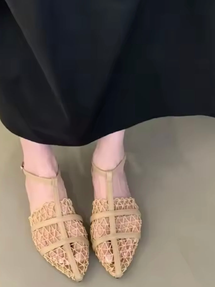 Pointed Solid colors net flats shoes ankle strap