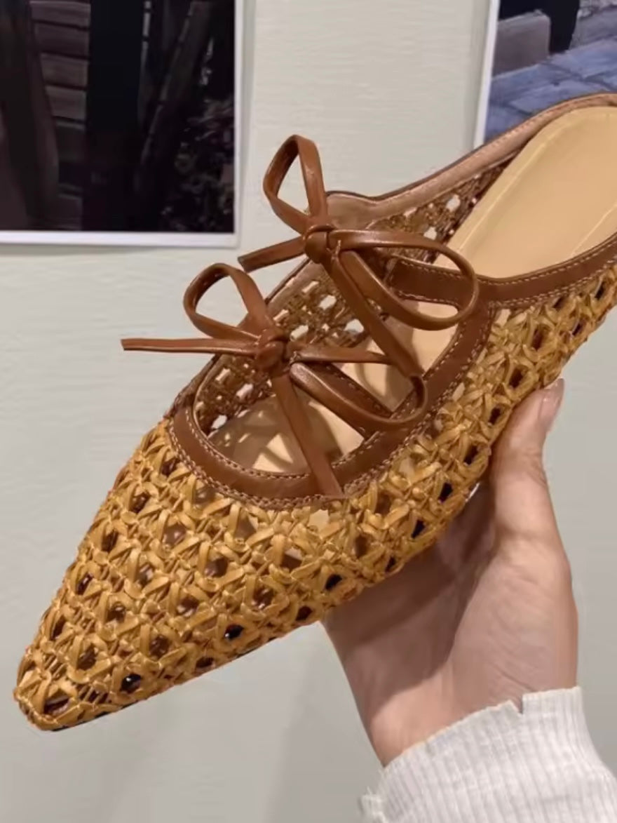 Pointed Solid colors net mule flats shoes ankle strap