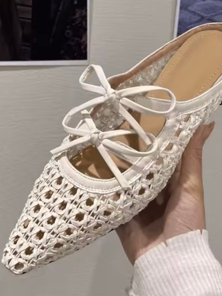 Pointed Solid colors net mule flats shoes ankle strap