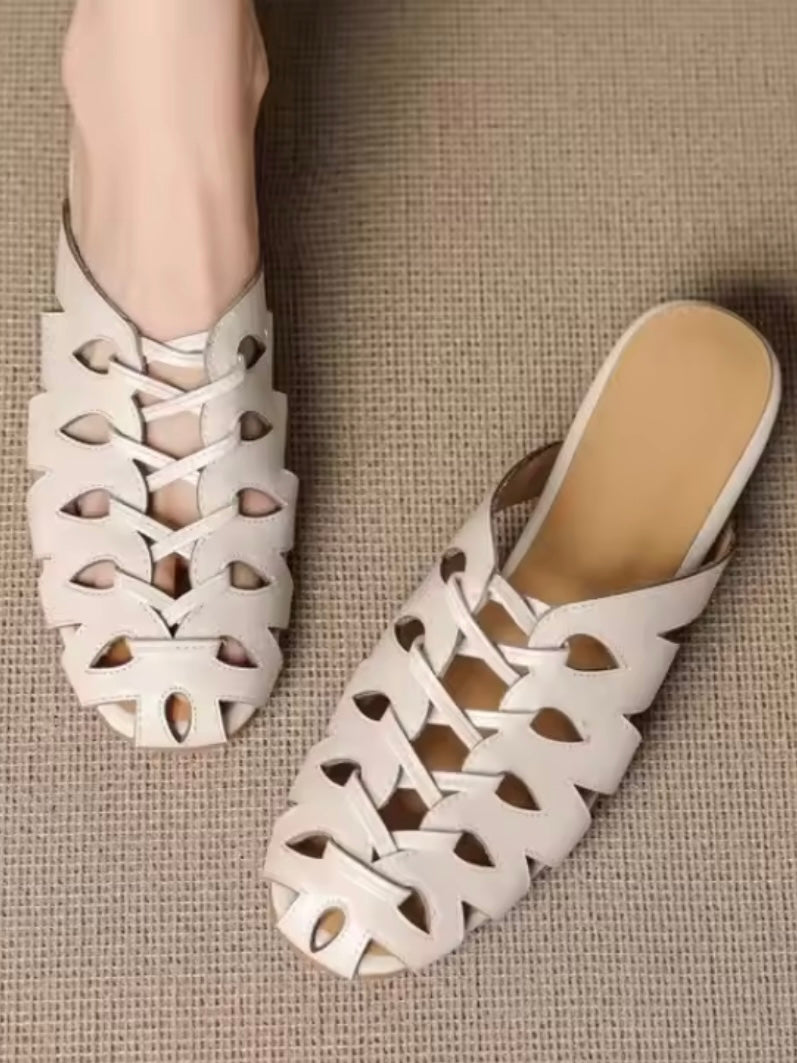 Black and beige net rounded slippers flats shoes