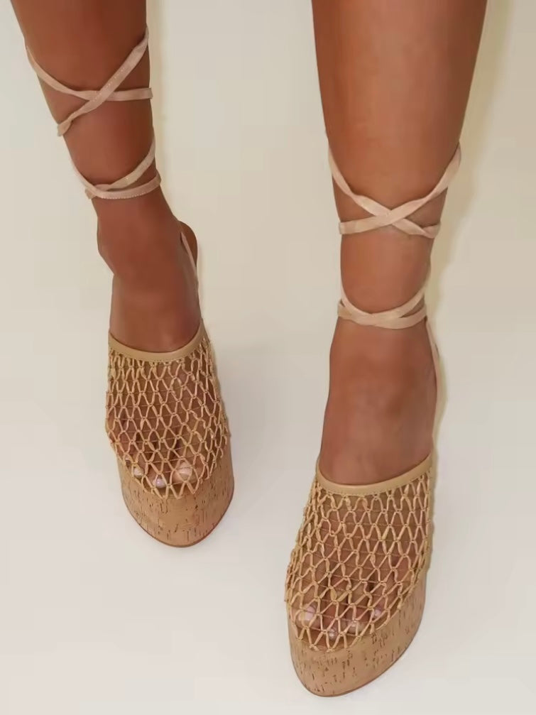 Beige Gladiator net high heels platform shoes