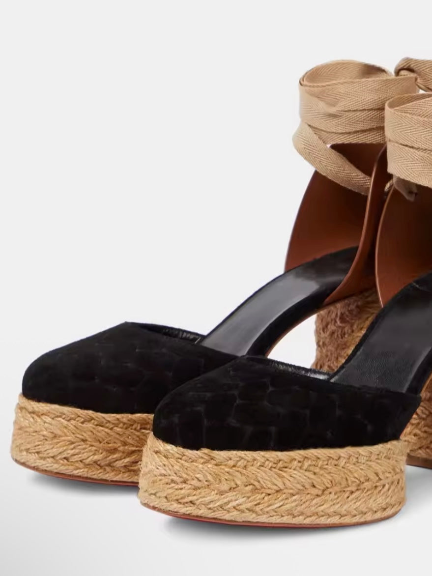 Black adjustable ankle laces high heels espadrilles