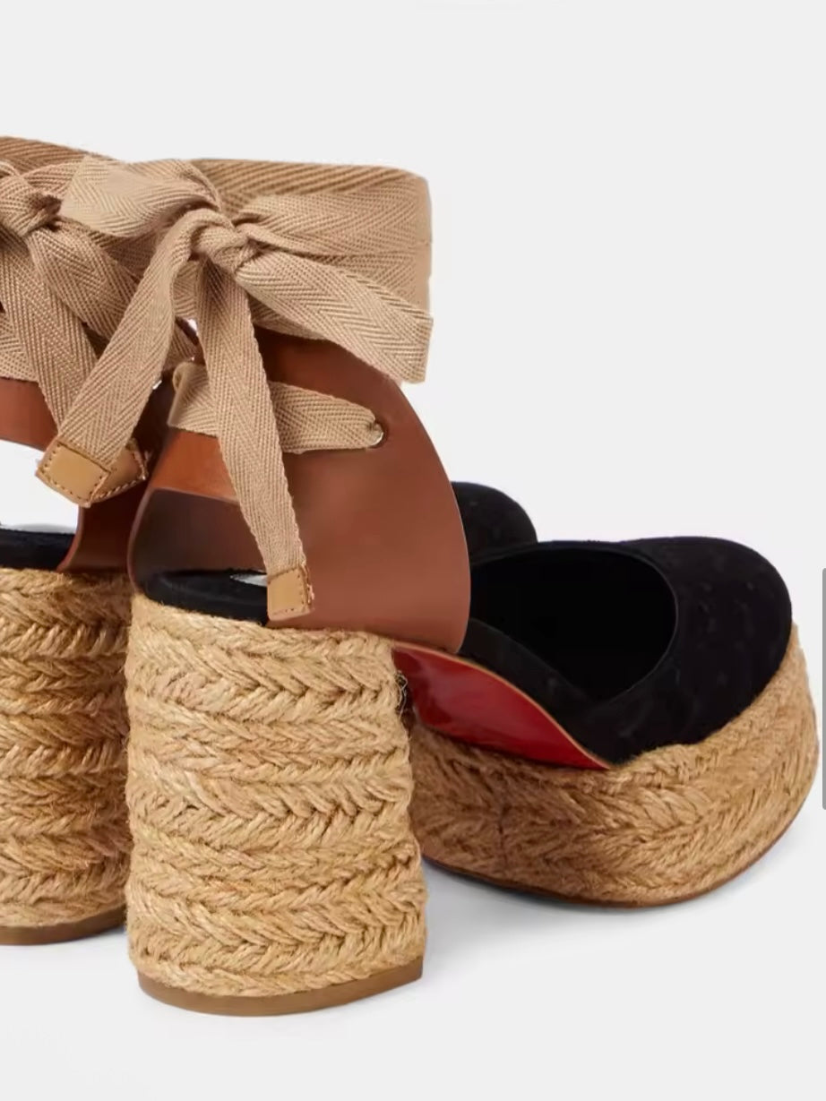 Black adjustable ankle laces high heels espadrilles