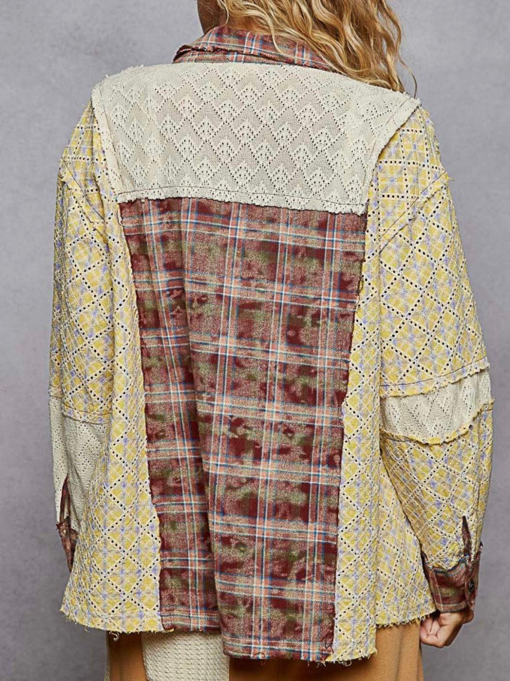 Multicolored and beige mix fabrics shacket - shirt lace details