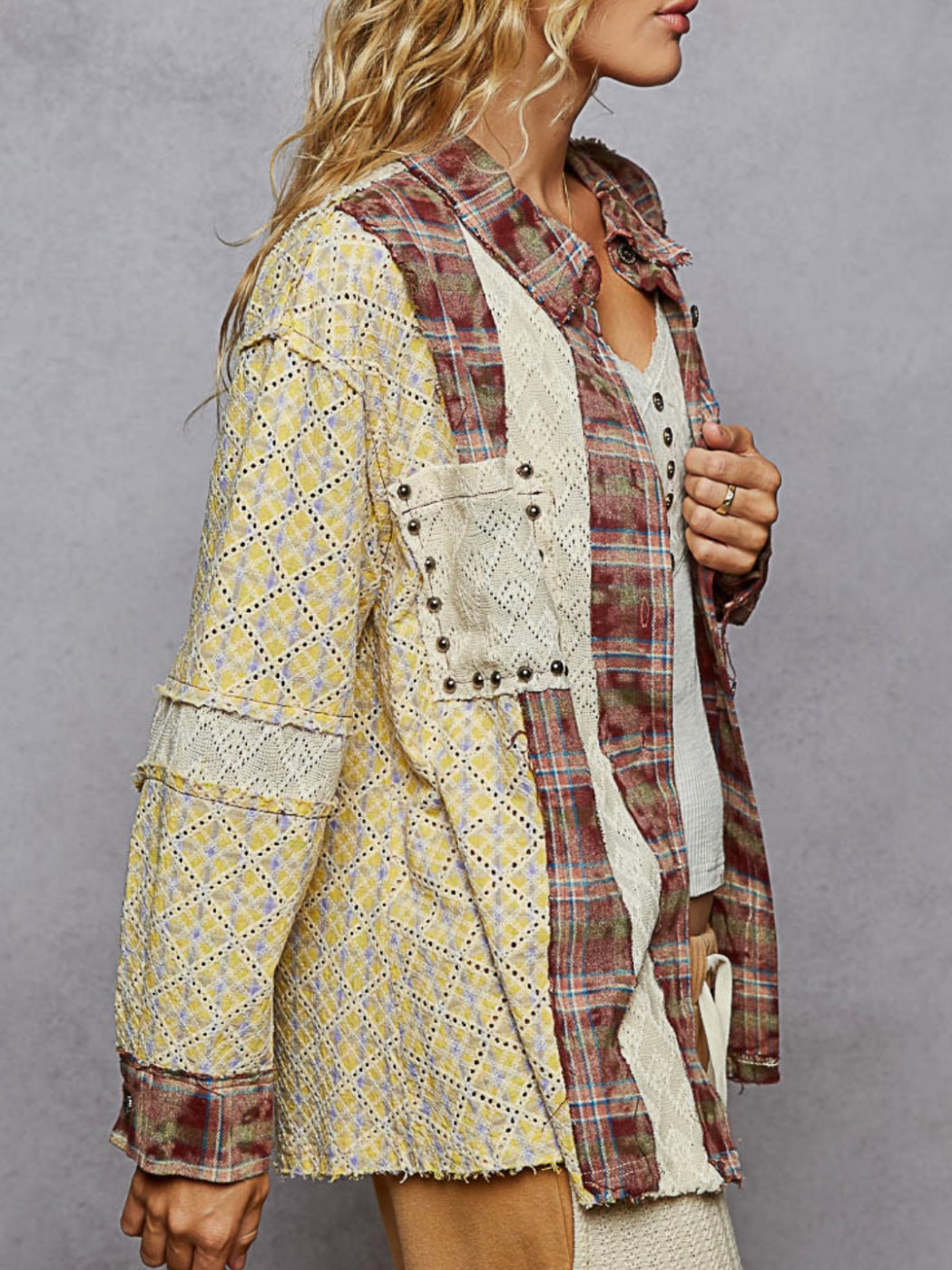 Multicolored and beige mix fabrics shacket - shirt lace details