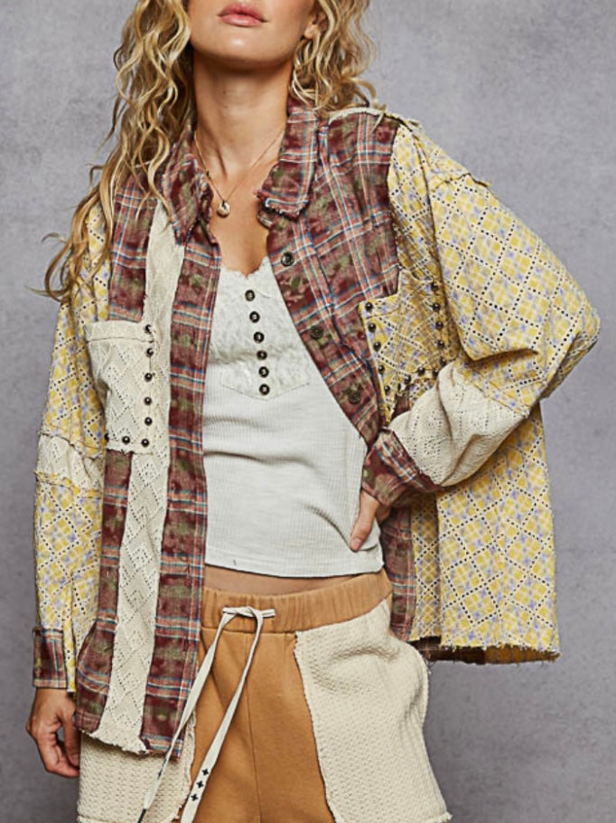 Multicolored and beige mix fabrics shacket - shirt lace details