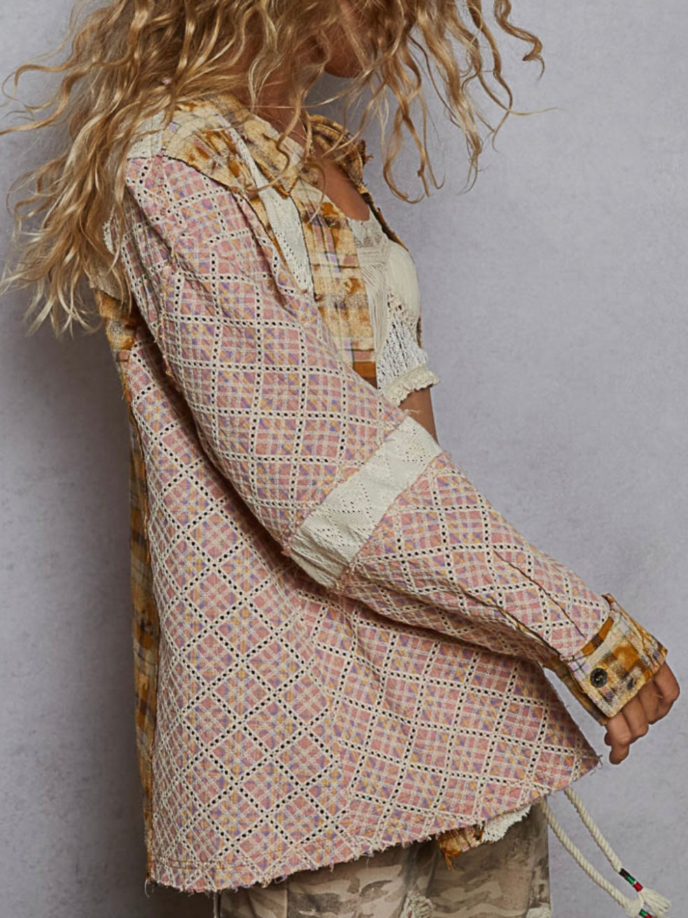 Multicolored and beige mix fabrics shacket - shirt lace details