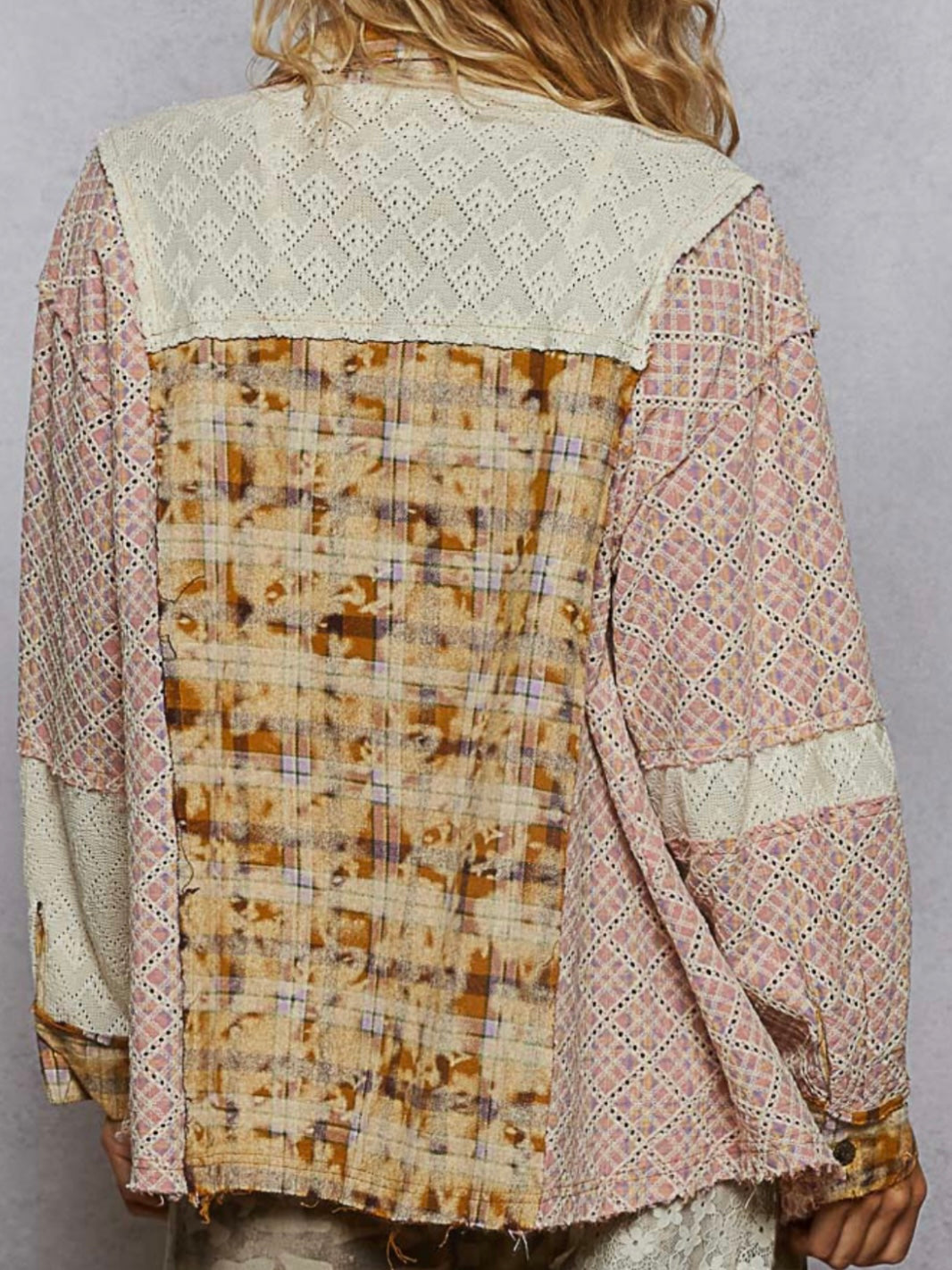 Multicolored and beige mix fabrics shacket - shirt lace details