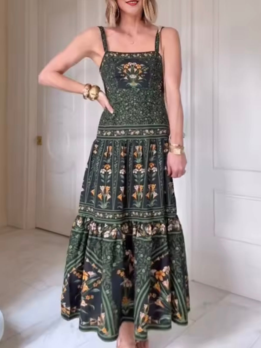 Green floral printed sleeveless maxi dress
