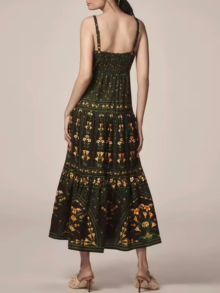 Green floral printed sleeveless maxi dress