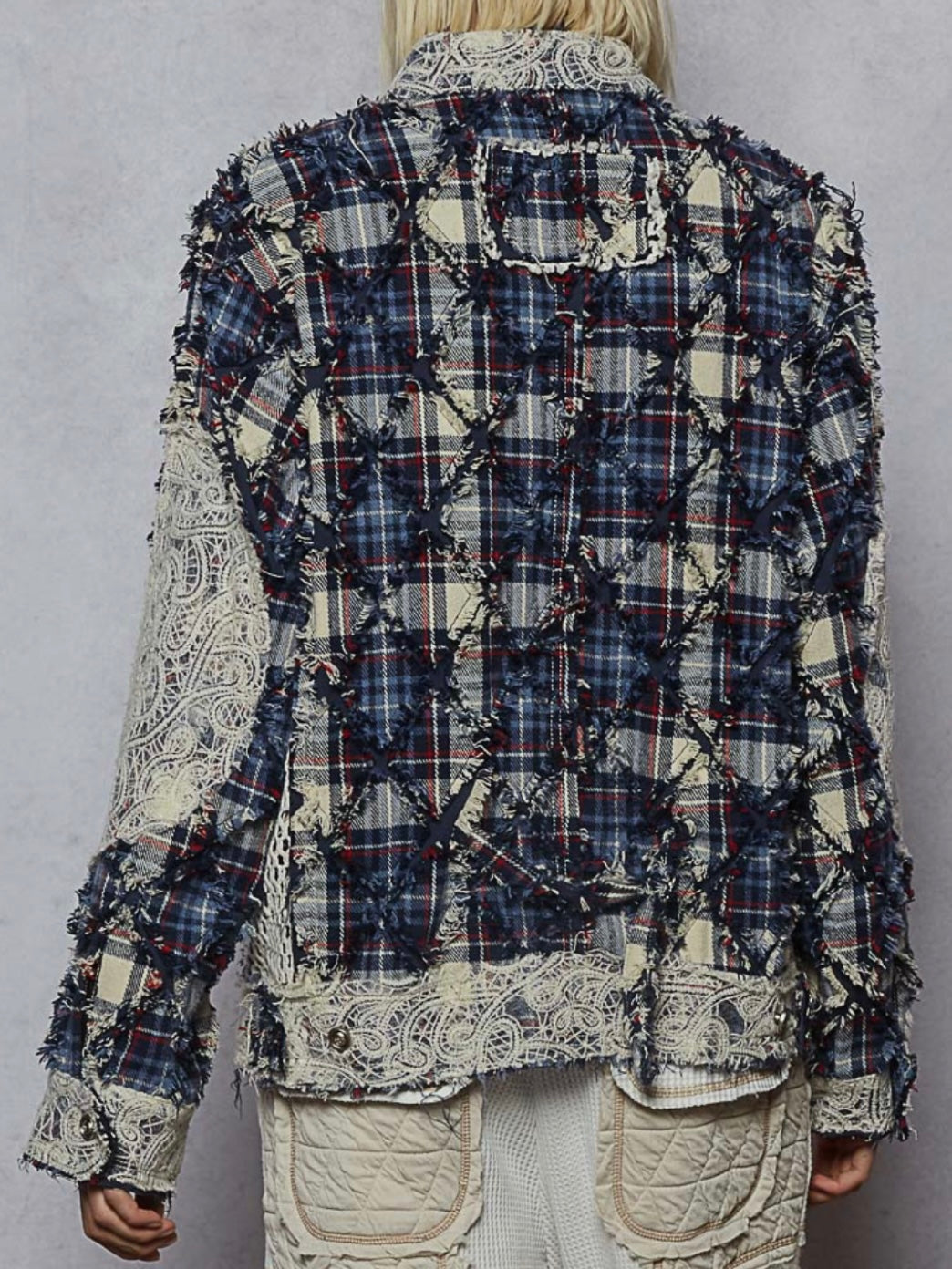 Blue mix fabrics multi pockets crossed front jacket
