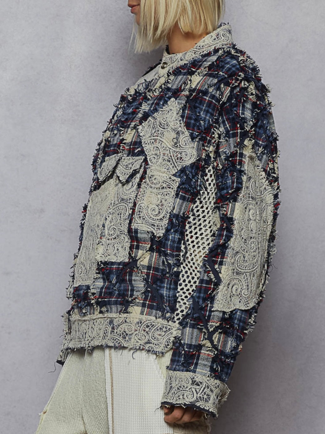 Blue mix fabrics multi pockets crossed front jacket