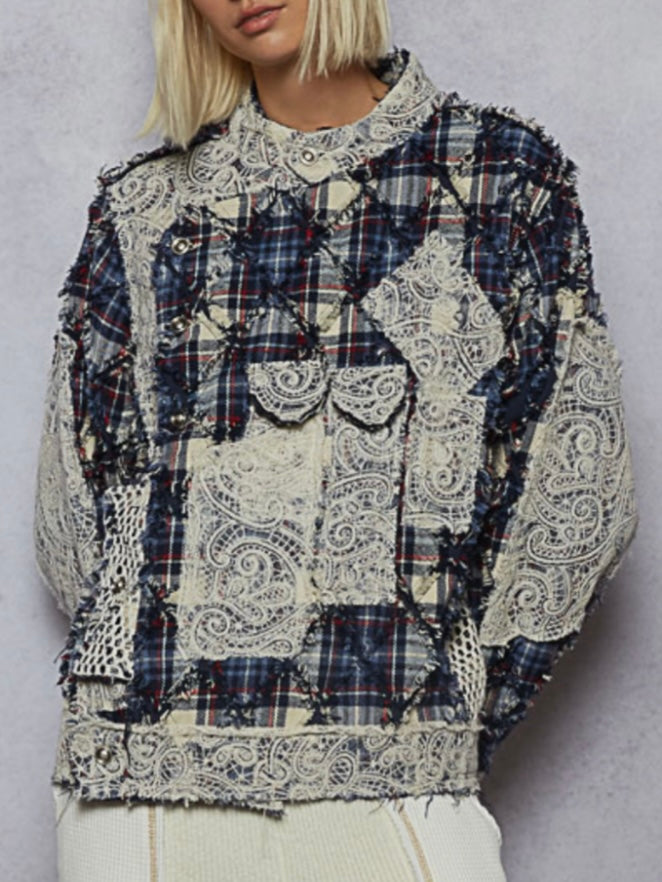 Blue mix fabrics multi pockets crossed front jacket