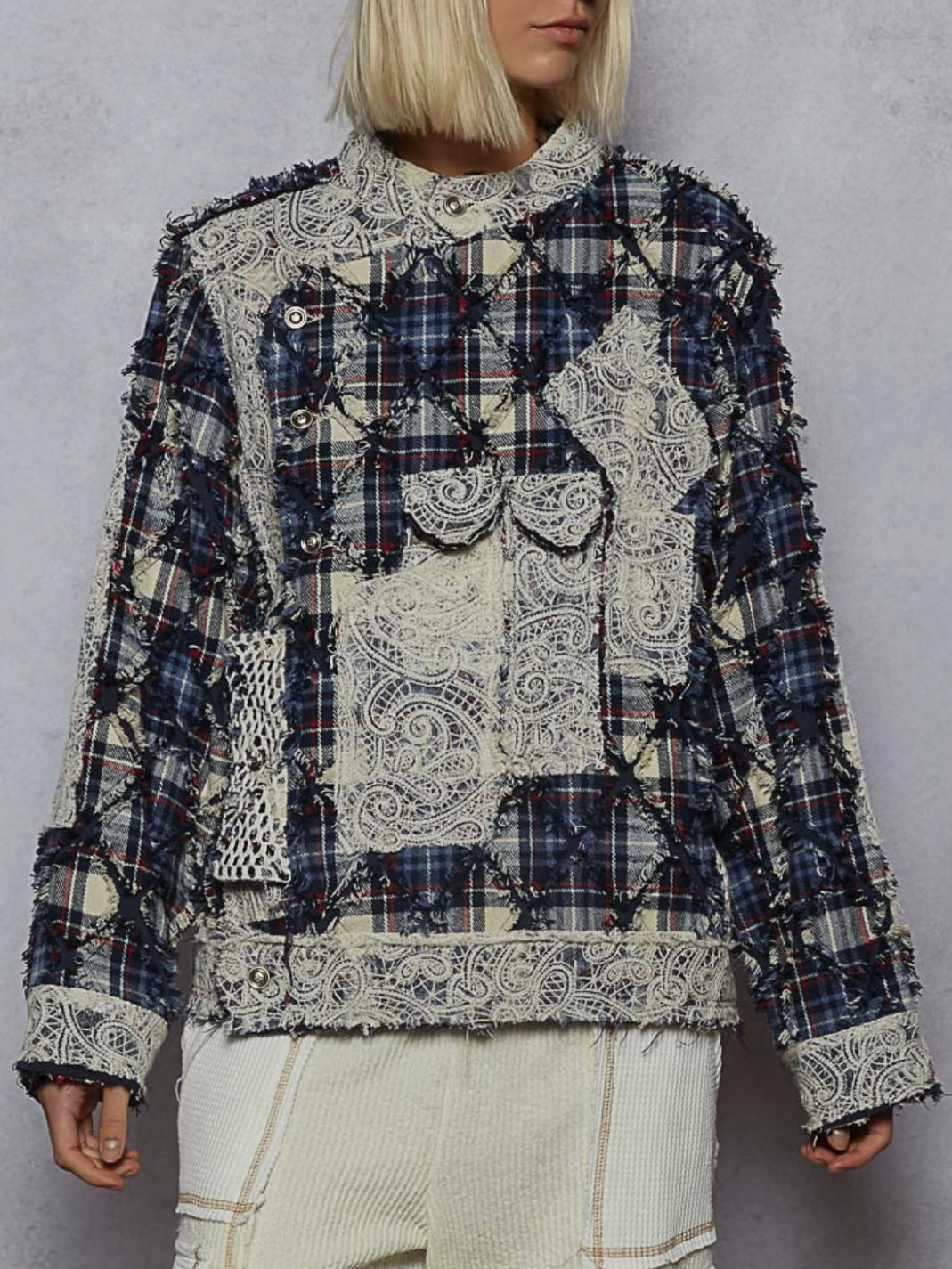 Blue mix fabrics multi pockets crossed front jacket