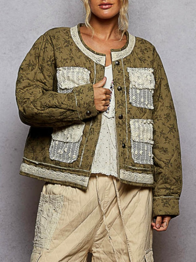 Green mix fabrics quilted jacket