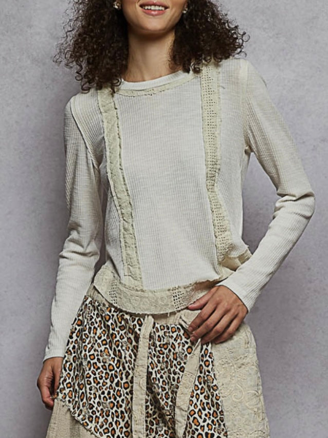 Solid colors mix fabrics crochet details round neck top sweater