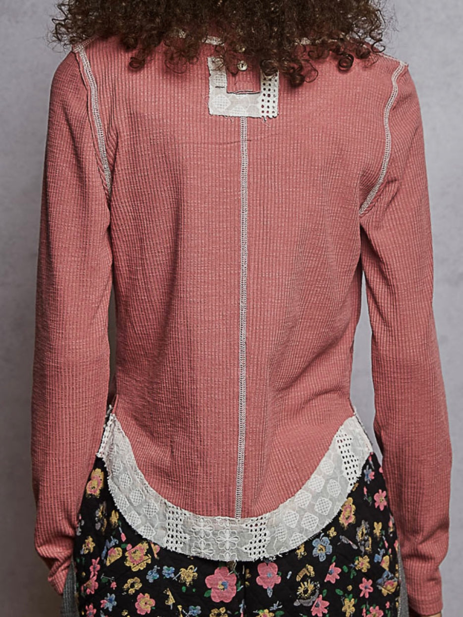 Solid colors mix fabrics crochet details round neck top sweater