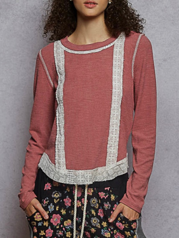 Solid colors mix fabrics crochet details round neck top sweater