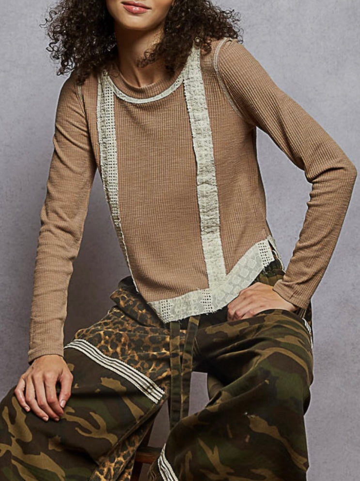 Solid colors mix fabrics crochet details round neck top sweater