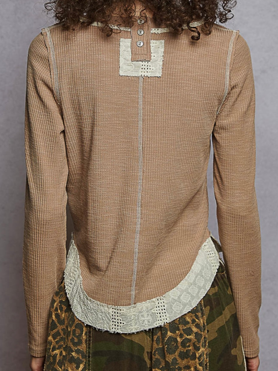 Solid colors mix fabrics crochet details round neck top sweater