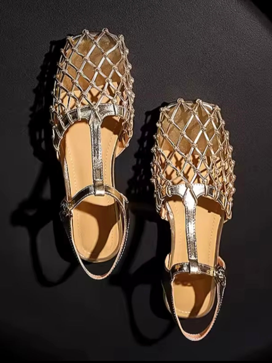 Square Solid colors net shoes ankle strap