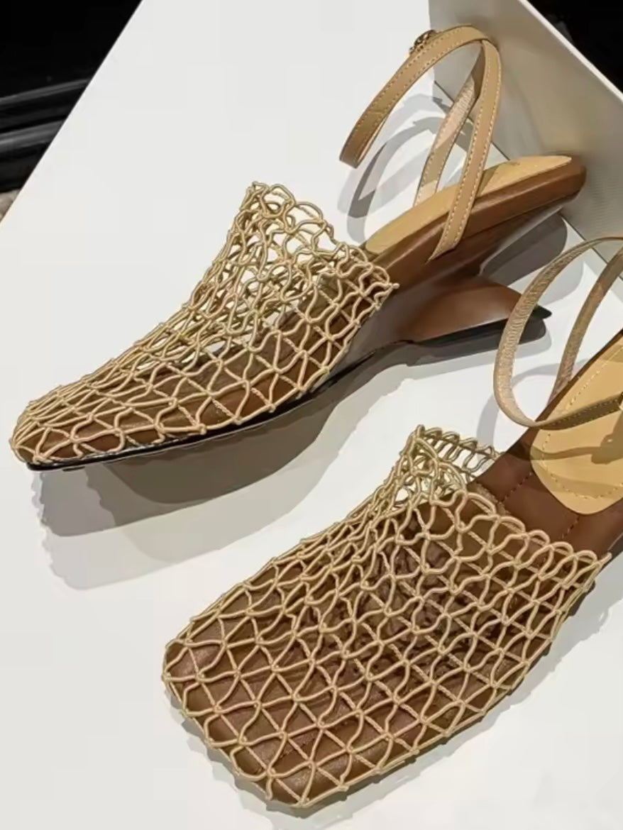 Square Solid colors net shoes triangle heel ankle strap