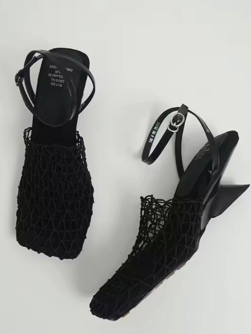 Square Solid colors net shoes triangle heel ankle strap