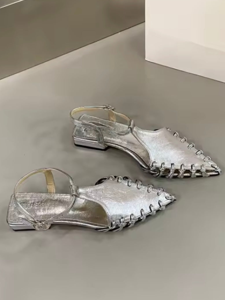 Pointed Silver and gold flats shoes slingback