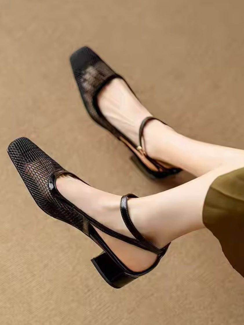 Square black and brown net shoes ankle strap