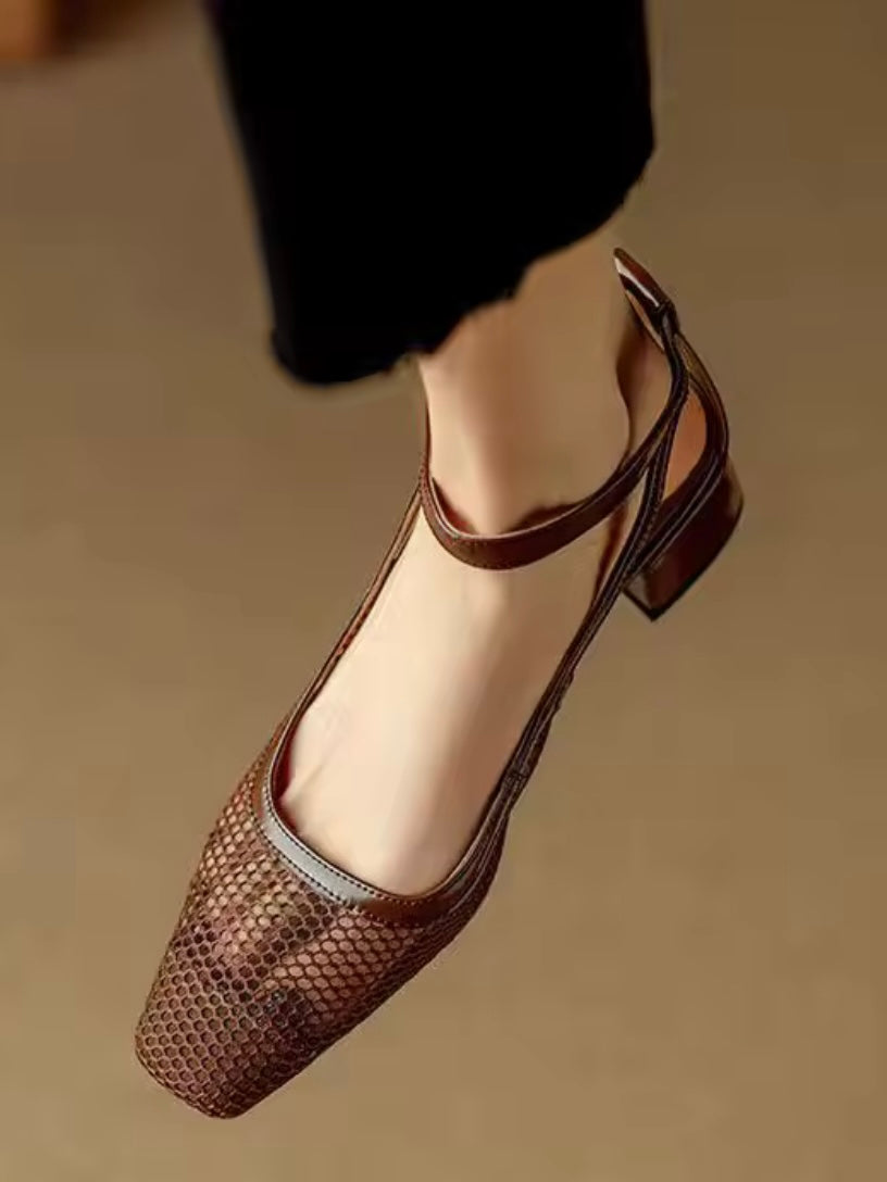 Square black and brown net shoes ankle strap