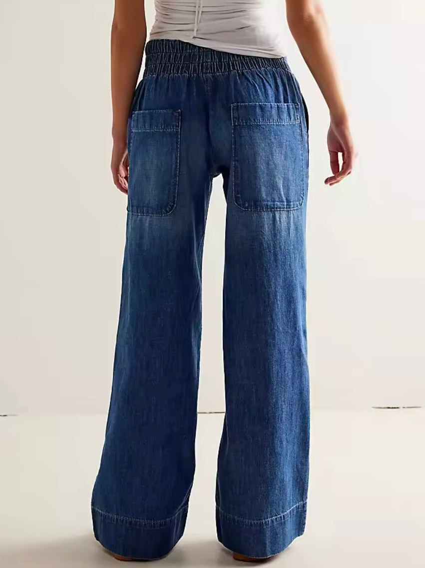 Solid colors straight cut patched pockets denim pants