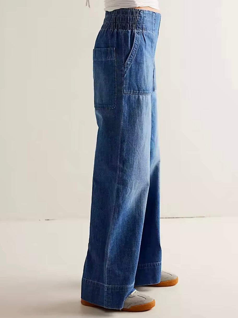 Solid colors straight cut patched pockets denim pants