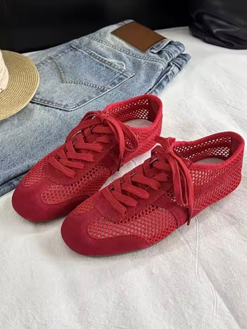 Ballet sneakers solid colors net lace up flats shoes