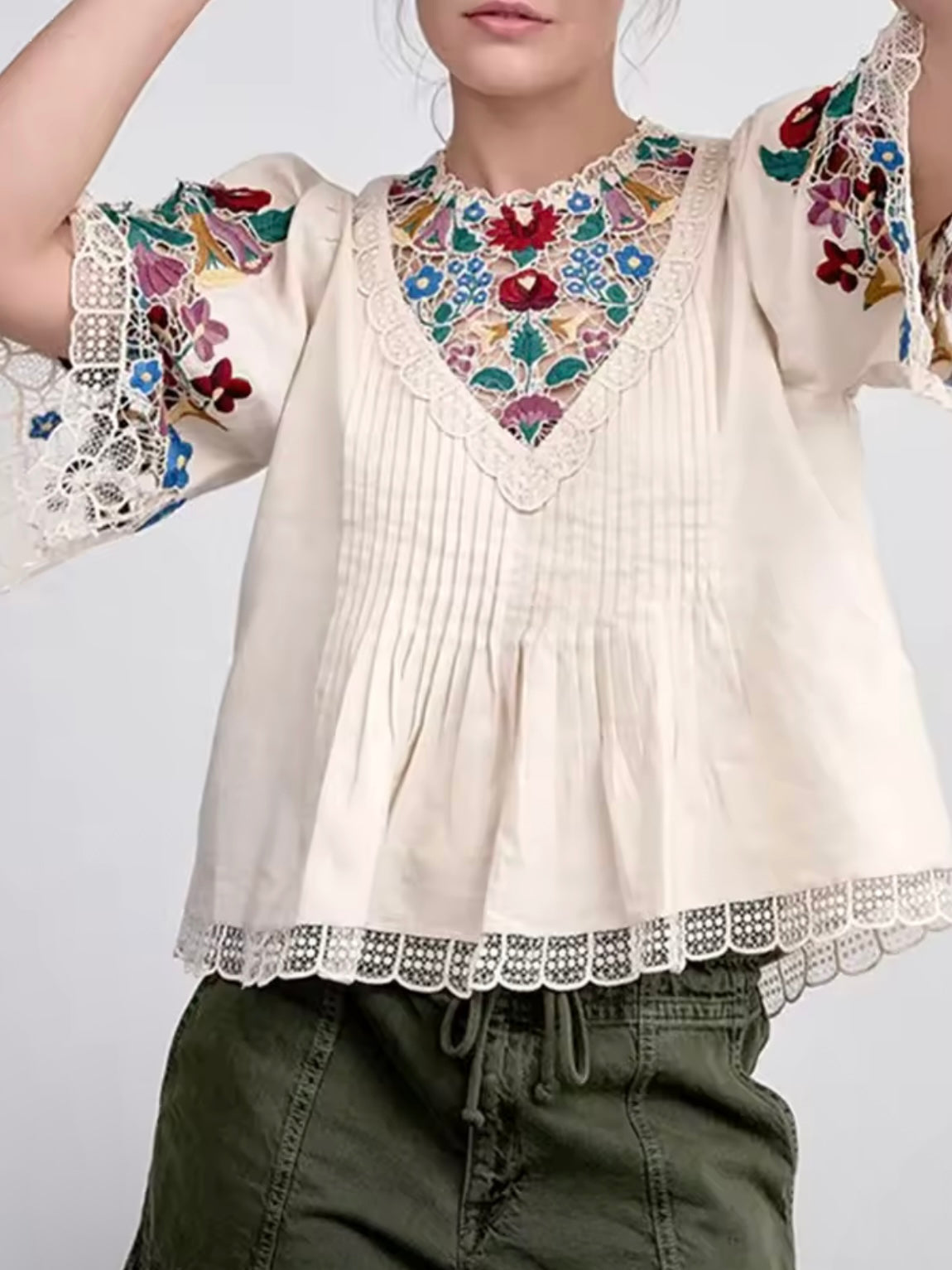 Off white floral embroidered shirt sleeves top