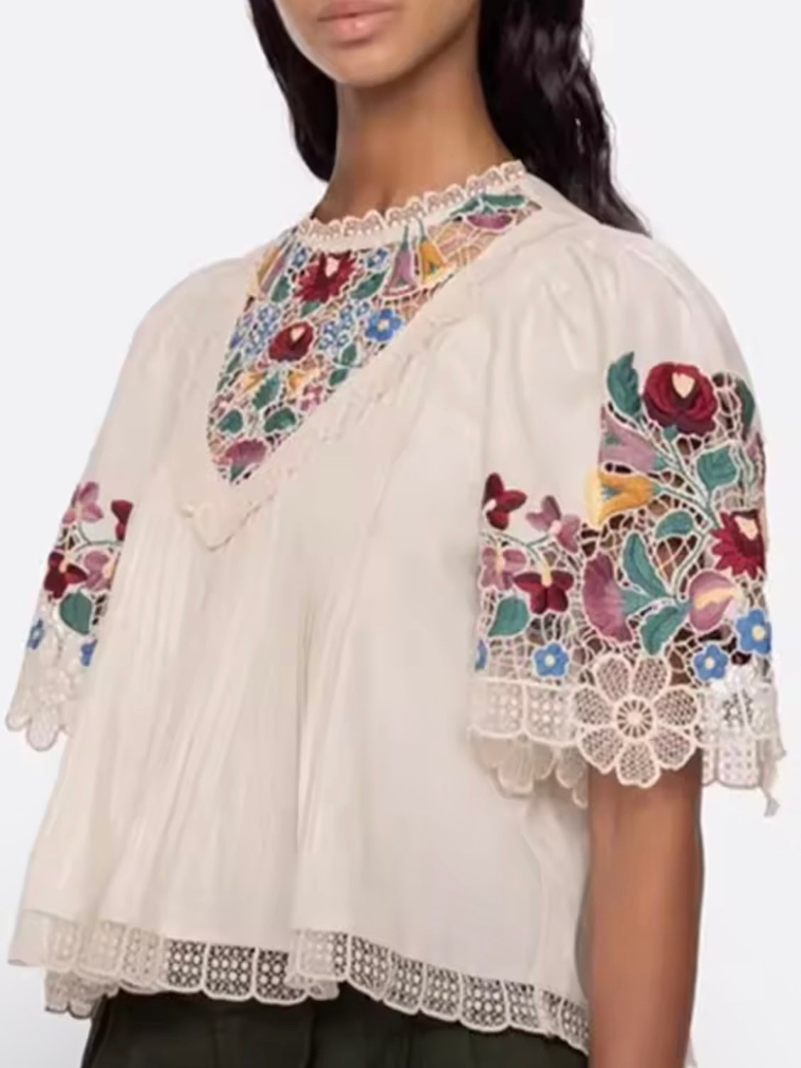 Off white floral embroidered shirt sleeves top