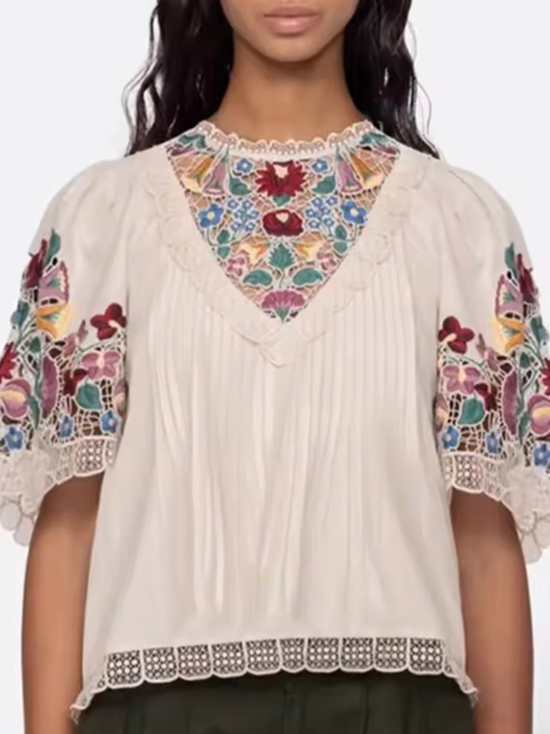 Off white floral embroidered shirt sleeves top