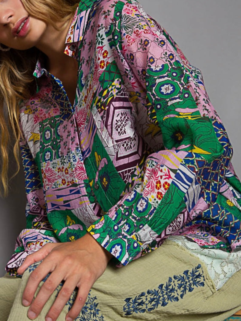 Green and pink floral printed shirt
