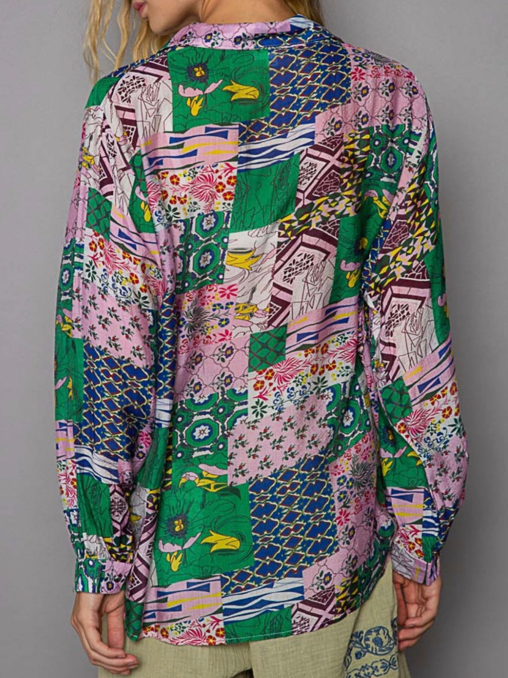 Green and pink floral printed shirt