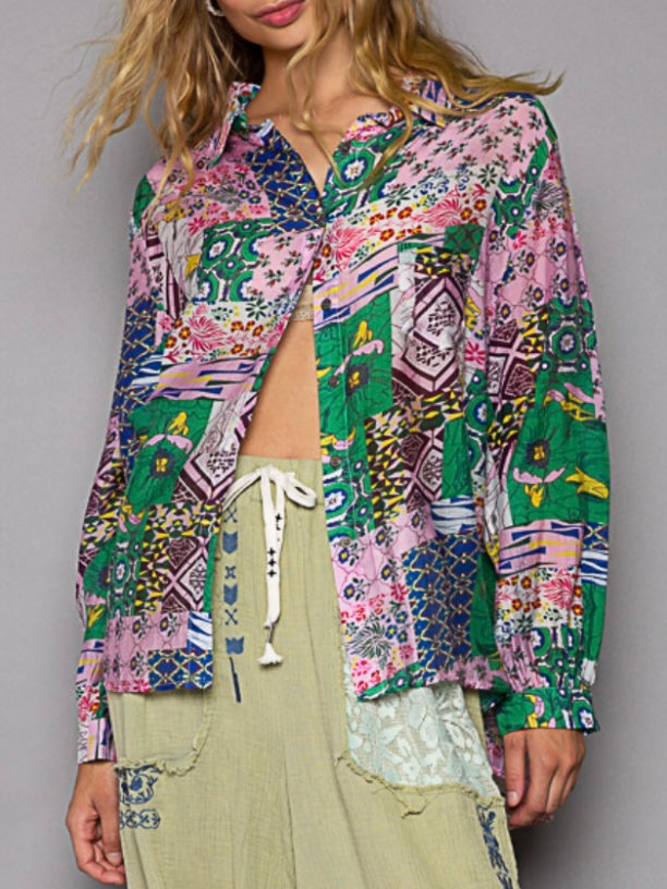 Green and pink floral printed shirt