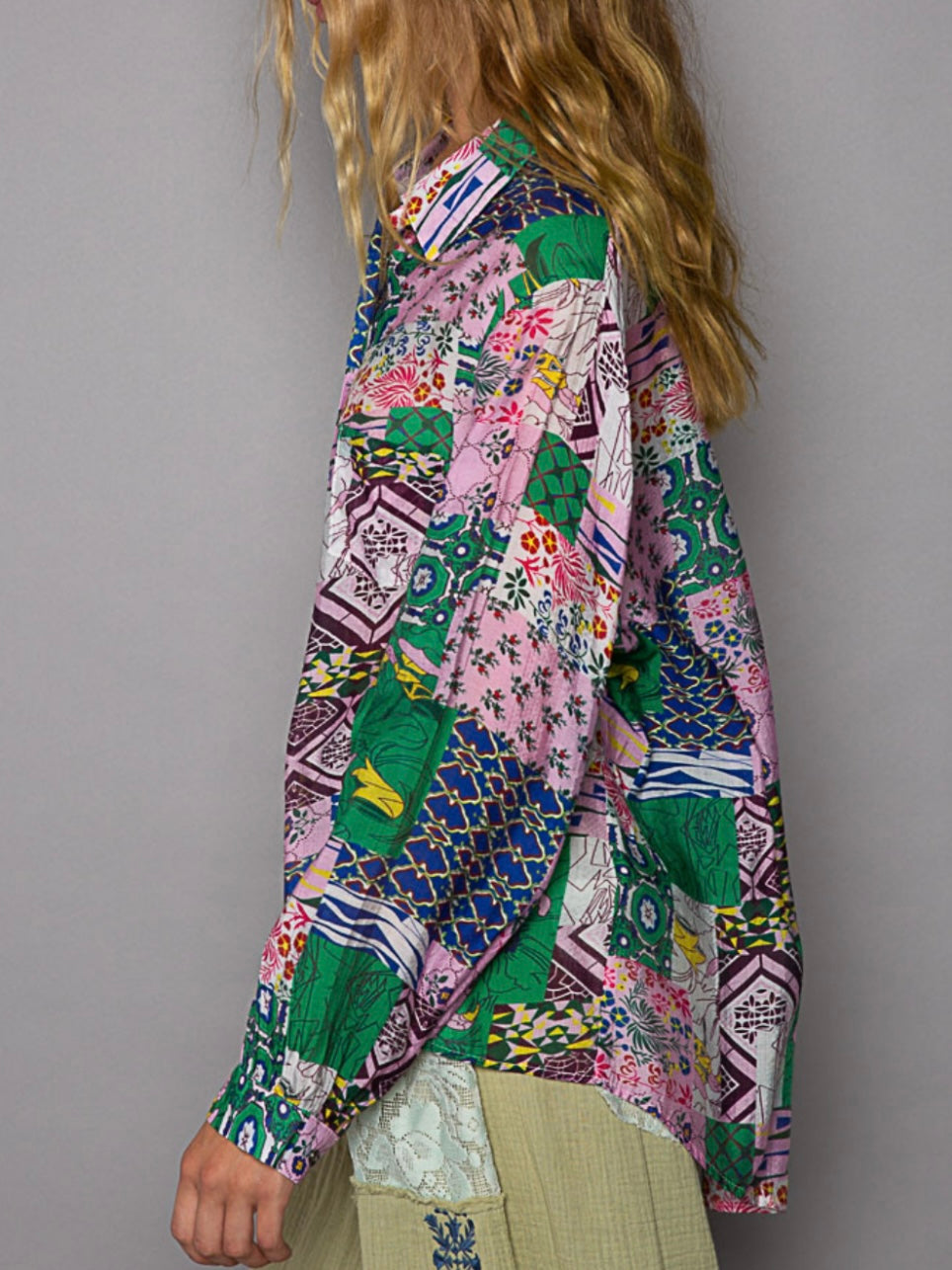 Green and pink floral printed shirt