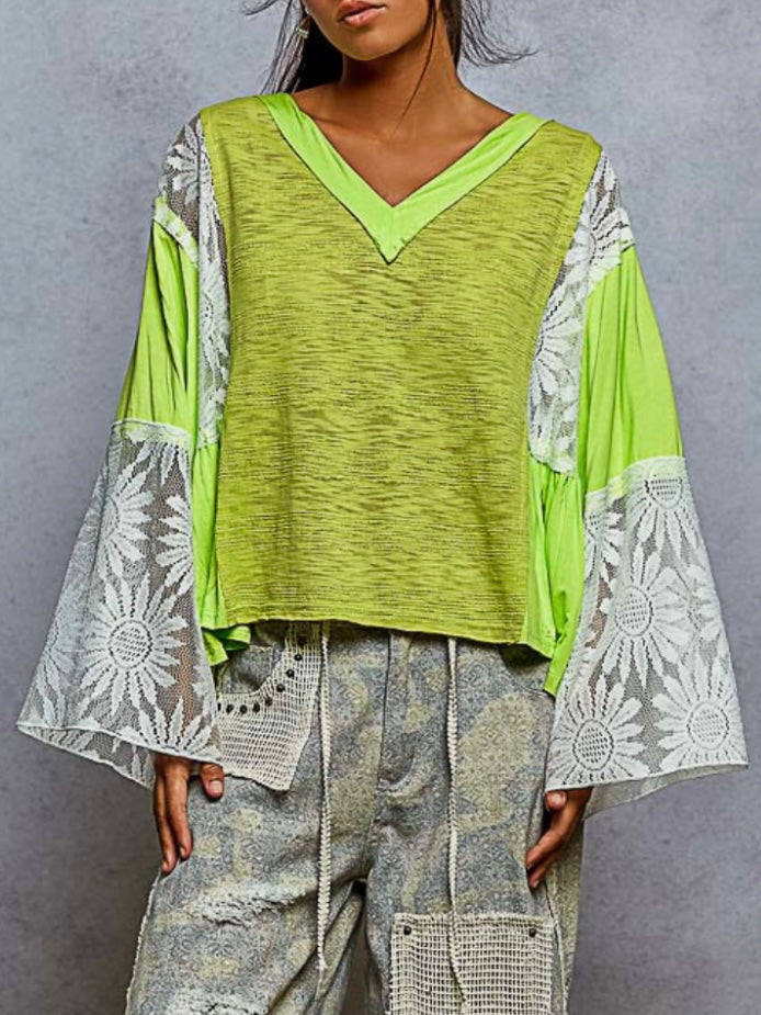 Neon green mix fabrics crochet details round neck top sweater
