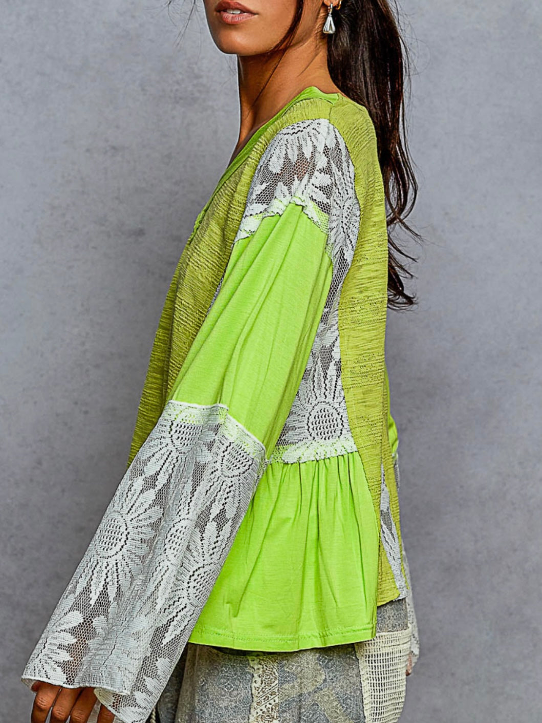 Neon green mix fabrics crochet details round neck top sweater