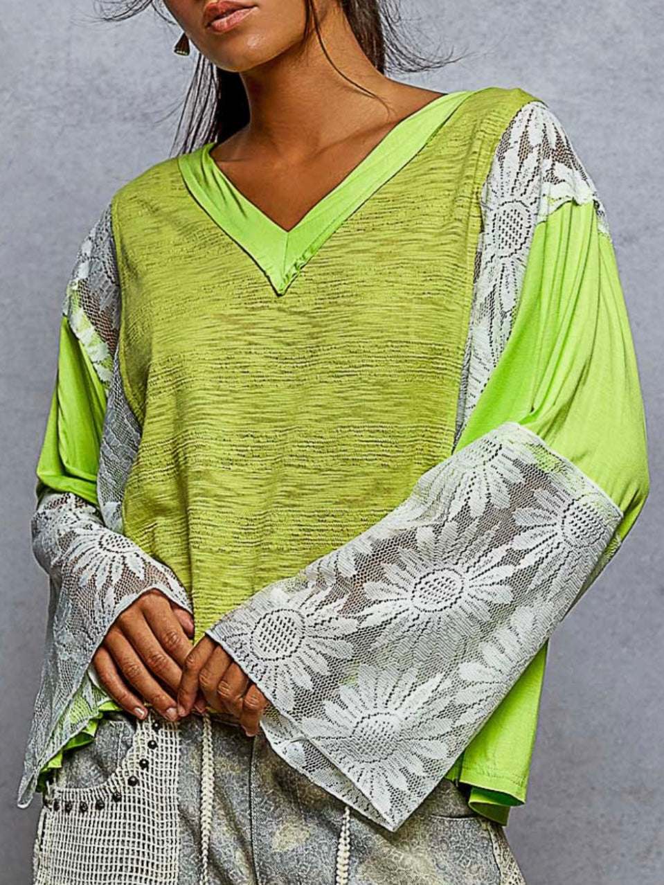 Neon green mix fabrics crochet details round neck top sweater