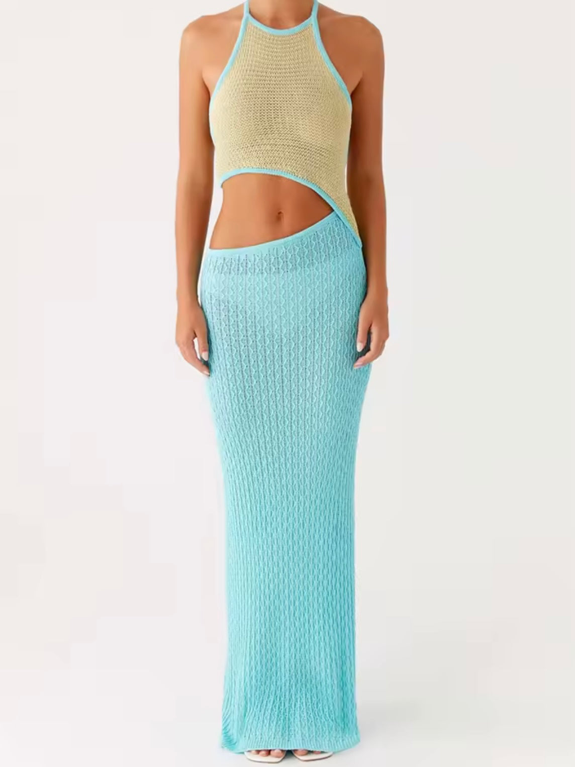 Turquoise and beige cutout beach and pool coverup