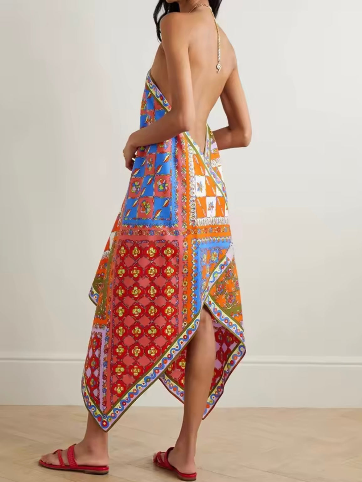 Red and blue printed midi dress