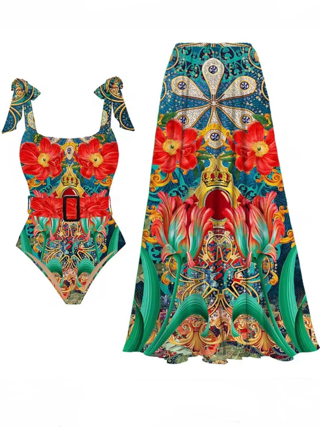 Green and red floral printed fabric set of 2, one piece swimsuit and maxi skirt