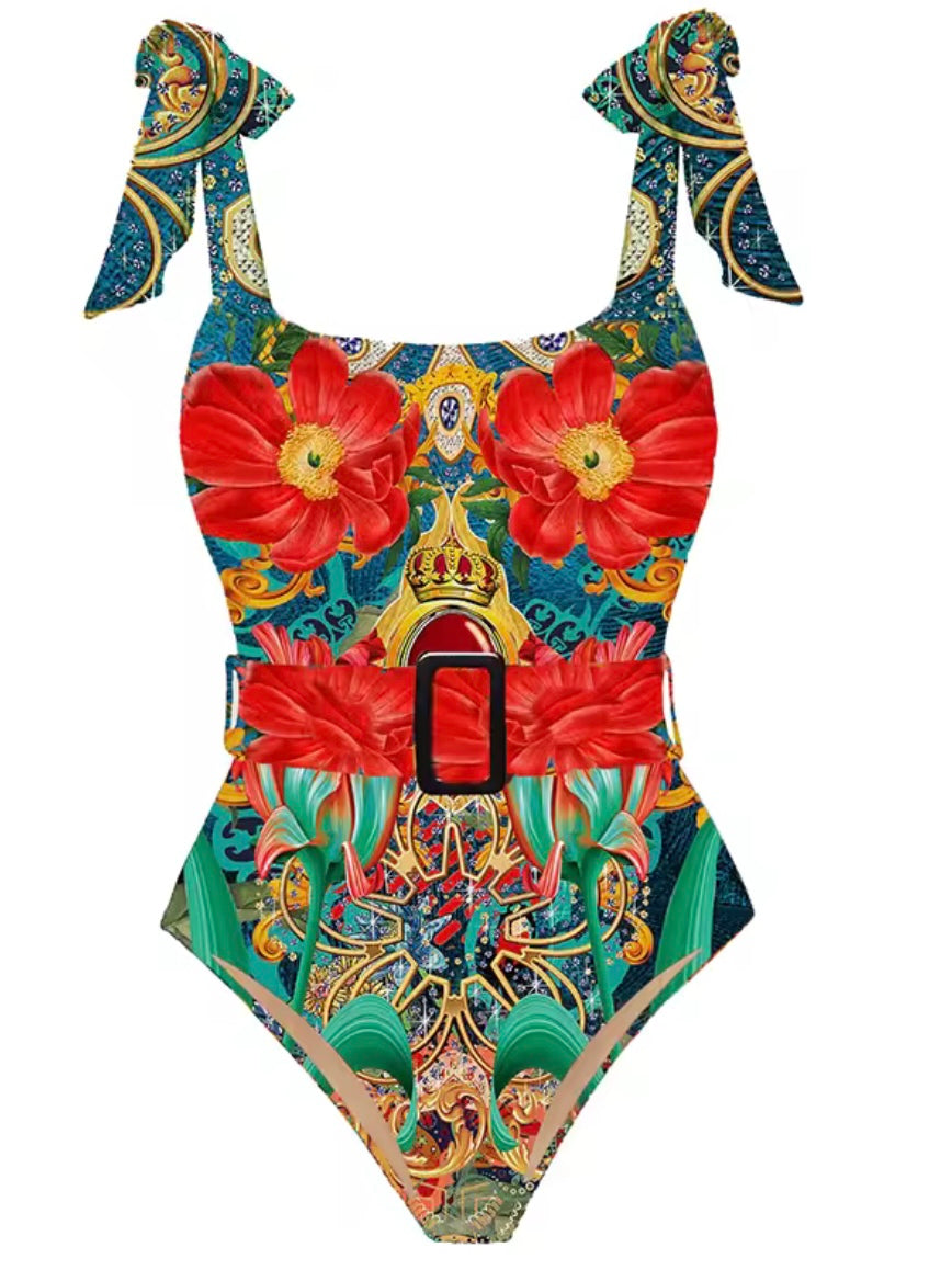 Green and red floral printed fabric set of 2, one piece swimsuit and maxi skirt