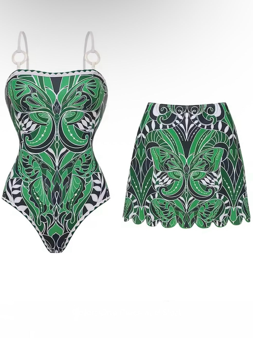 Green floral printed fabric set of 2, one piece swimsuit and mini skirt