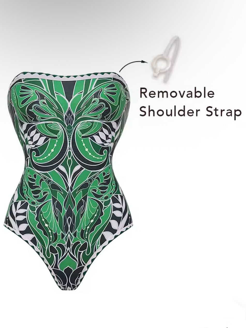 Green floral printed fabric set of 2, one piece swimsuit and mini skirt